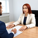 A professional individual confidently negotiating salary during a job interview. The scene should depict a modern office setting with a focus on communication and assertiveness.