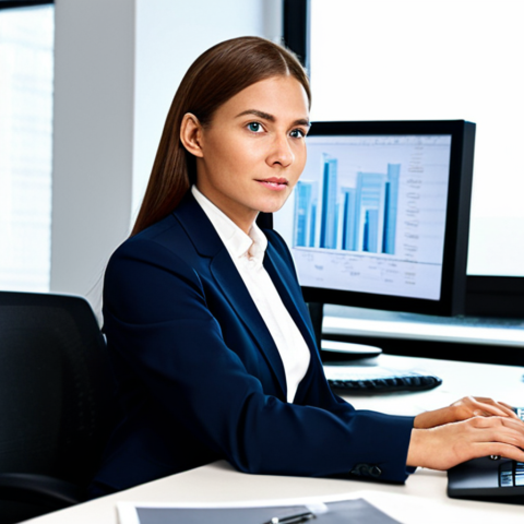 **
A modern office setting with a professional businesswoman in a modest business suit sitting at a desk, fully clothed, appropriate attire, safe for work, perfect anatomy, natural proportions, professional photography, high quality, analyzing data displayed on multiple monitors, confident expression.
**