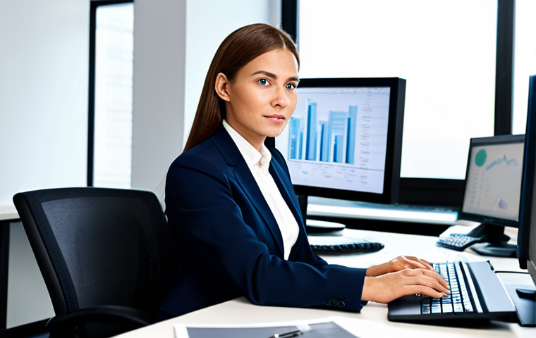 **
A modern office setting with a professional businesswoman in a modest business suit sitting at a desk, fully clothed, appropriate attire, safe for work, perfect anatomy, natural proportions, professional photography, high quality, analyzing data displayed on multiple monitors, confident expression.
**
