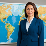 무역협상에서 발생한 주요 분쟁 사례 - **
A professional businesswoman in a modest business suit, standing confidently in front of a globa...