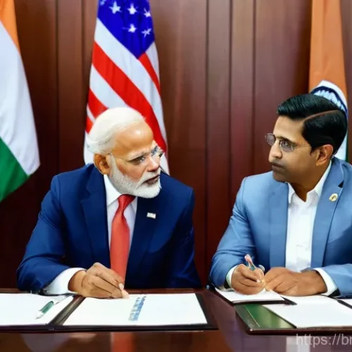 Home 29 무역협상 전략 사례 연구 - India-US Trade Negotiations: Agriculture and Tariffs**
**Prompt:** A high-angle, professional photo...