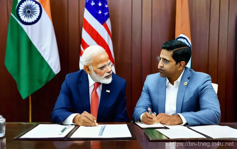 무역협상 전략 사례 연구 - India-US Trade Negotiations: Agriculture and Tariffs**
**Prompt:** A high-angle, professional photo...