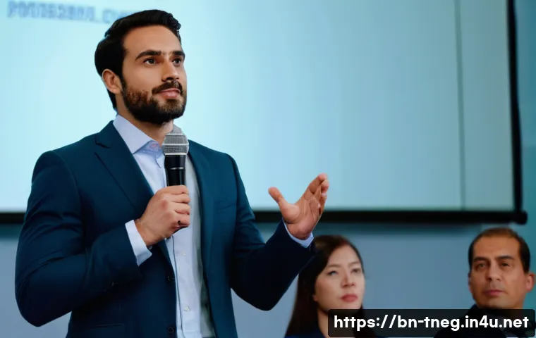 무역협상가를 위한 프레젠테이션 스킬 - A professional male speaker, mid-thirties, wearing a sharp dark suit and a light-colored shirt, stan...